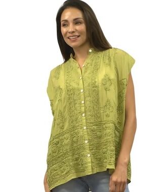 Kyla Seo Citron Green  Embroidered Cotton Button
Down Boho Blouse XS